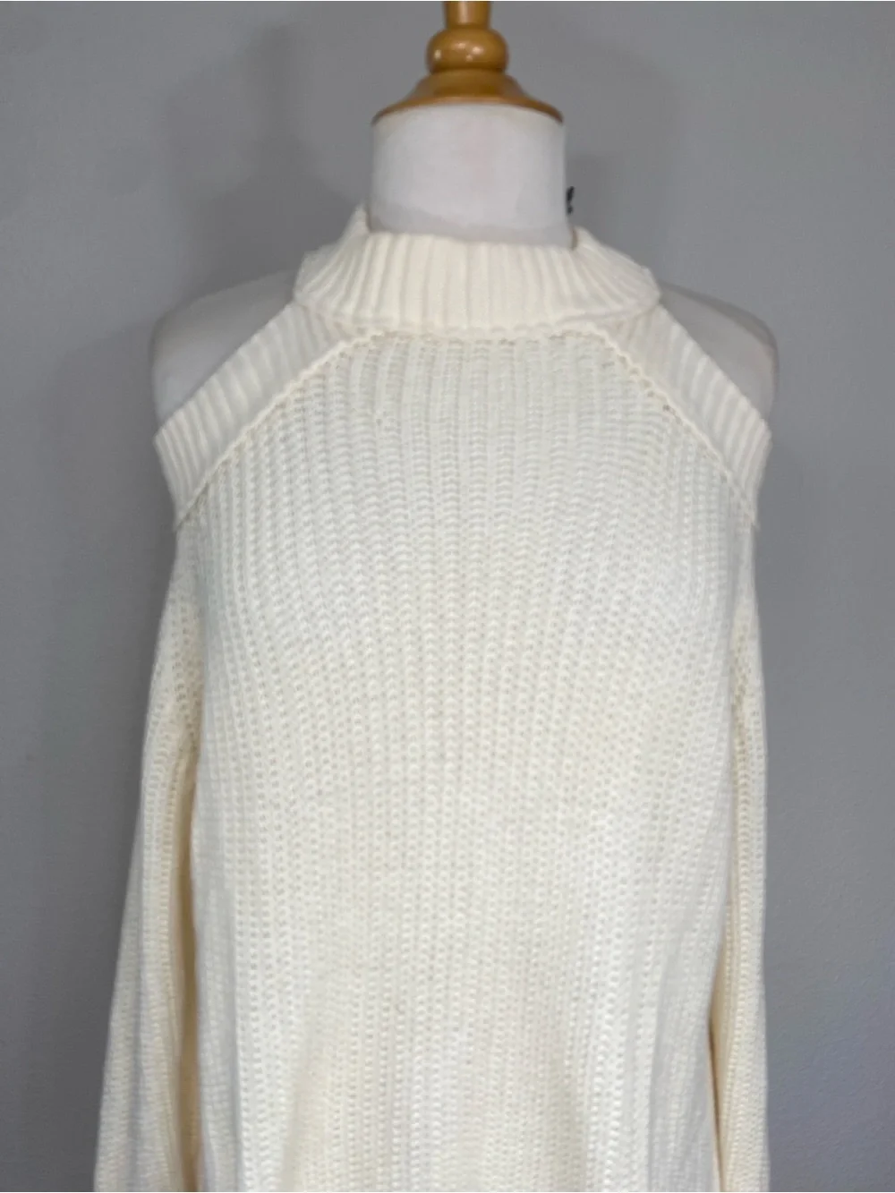 Free People Womens Cream Chunky Knit Ribbed Cutout Turtleneck Sweater Size Large
